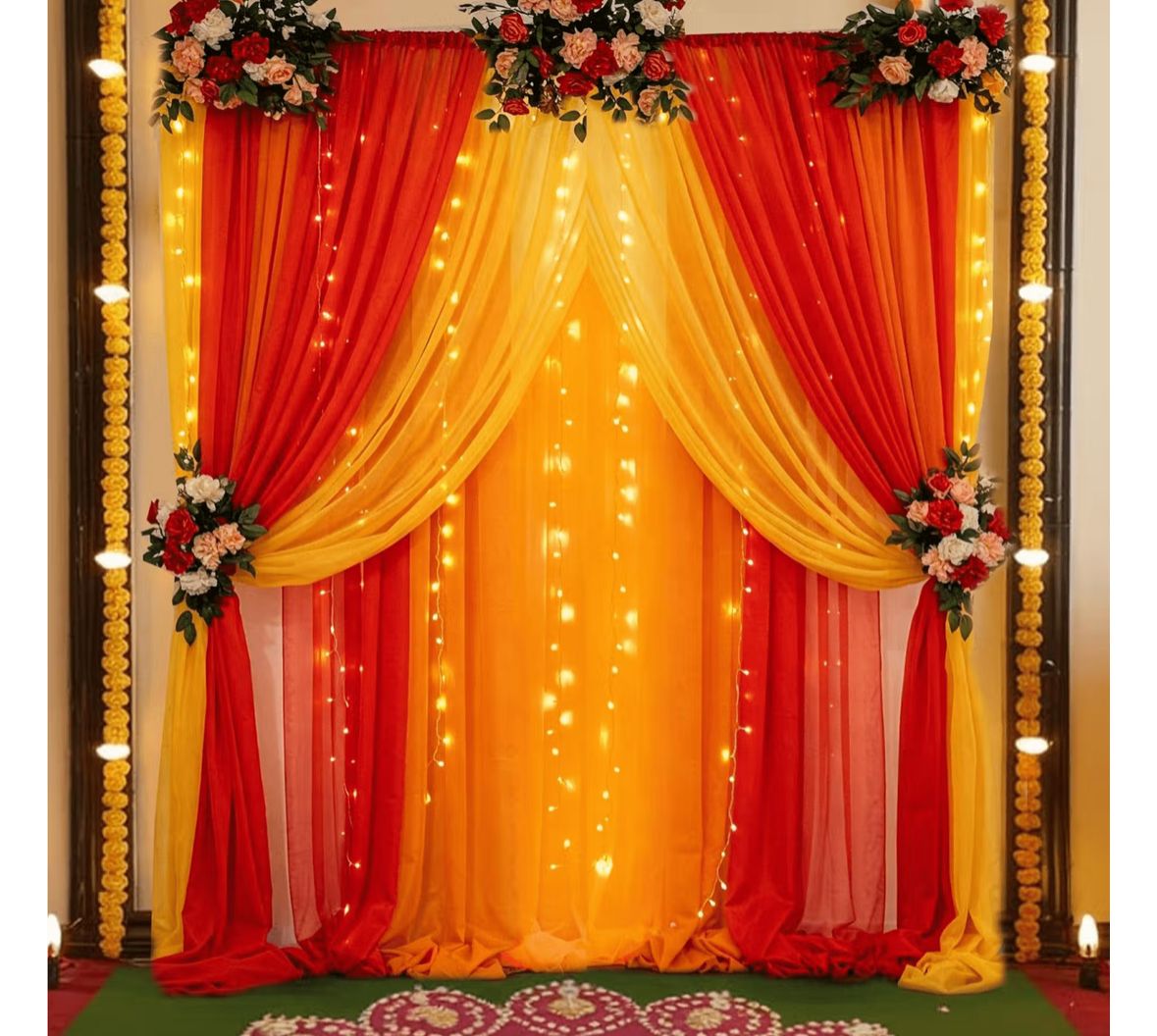 Traditional Red and Yellow Stage Decor with Curtains and Floral Arrangements