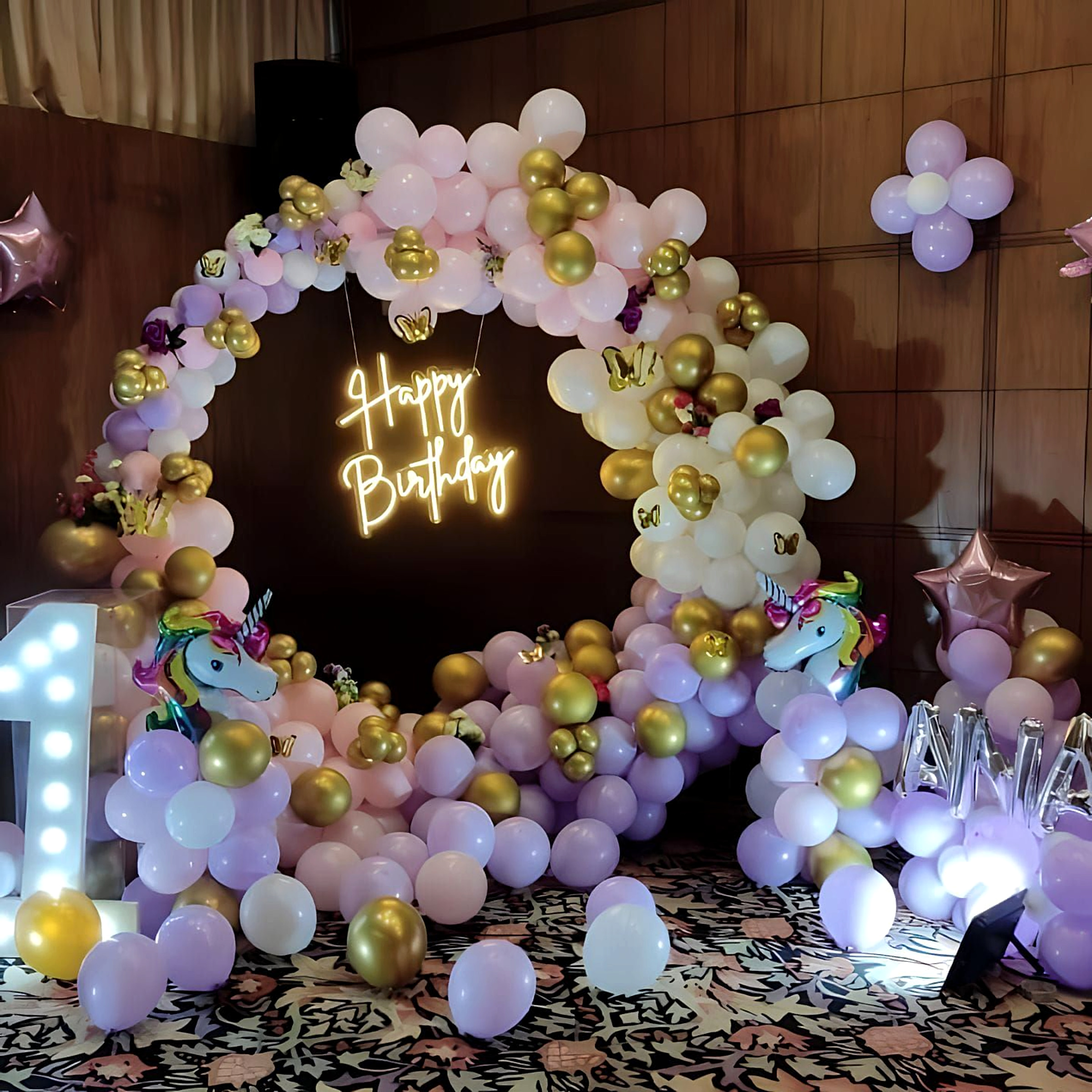 Unicorn Theme Kids Birthday Decor with Lavender and Gold Balloon Arch & Neon Sign - Kids Birthday Themes by Happy Balloons thumbnail 2