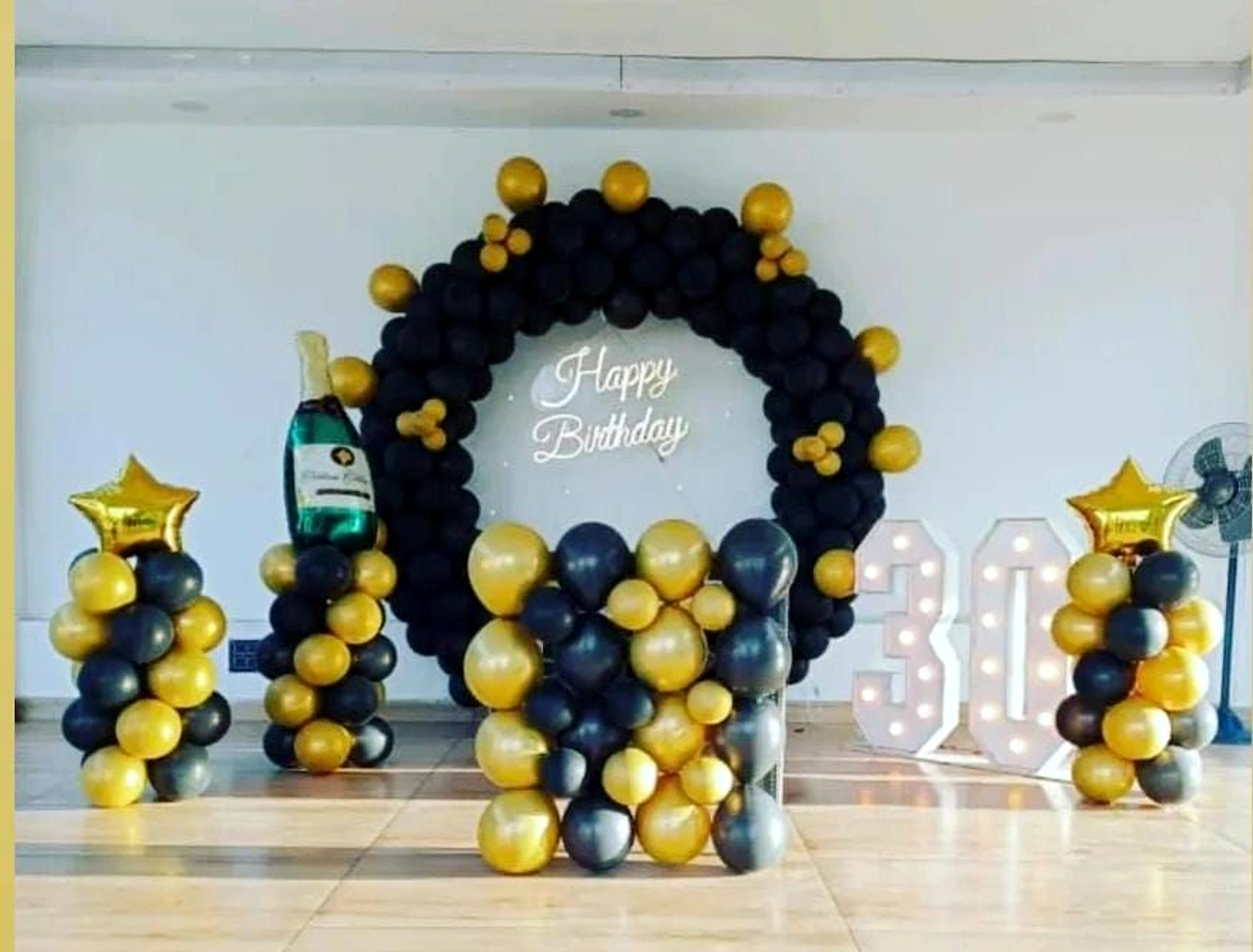 Modern Black And Gold 30th Birthday Balloon Decor With Led Numbers - birthday decoration by Happy Balloons thumbnail 2