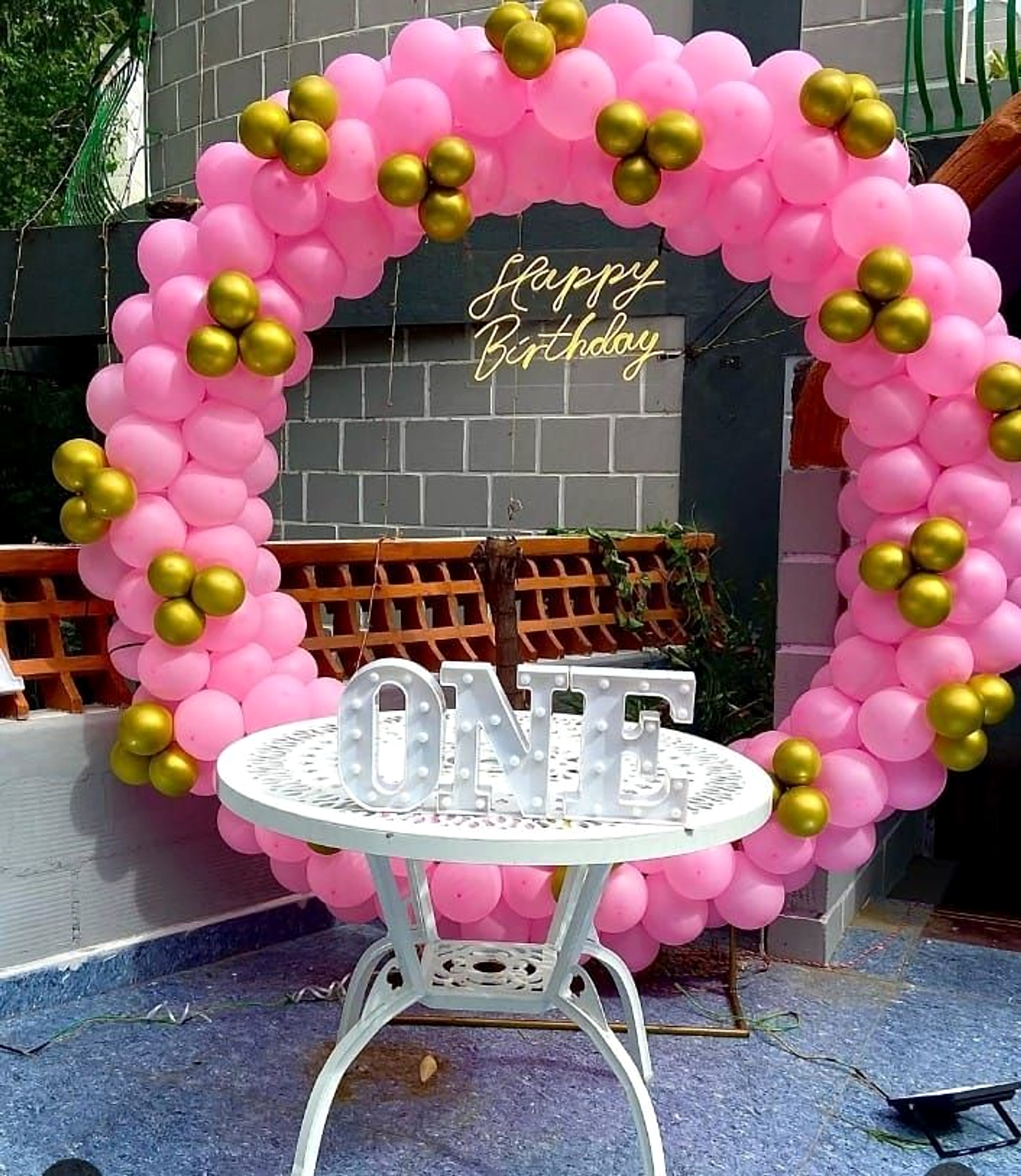Pink And Gold Kids First Birthday Balloon Ring Arch With Marquee One Table - Kids Birthday Themes by Happy Balloons thumbnail 2