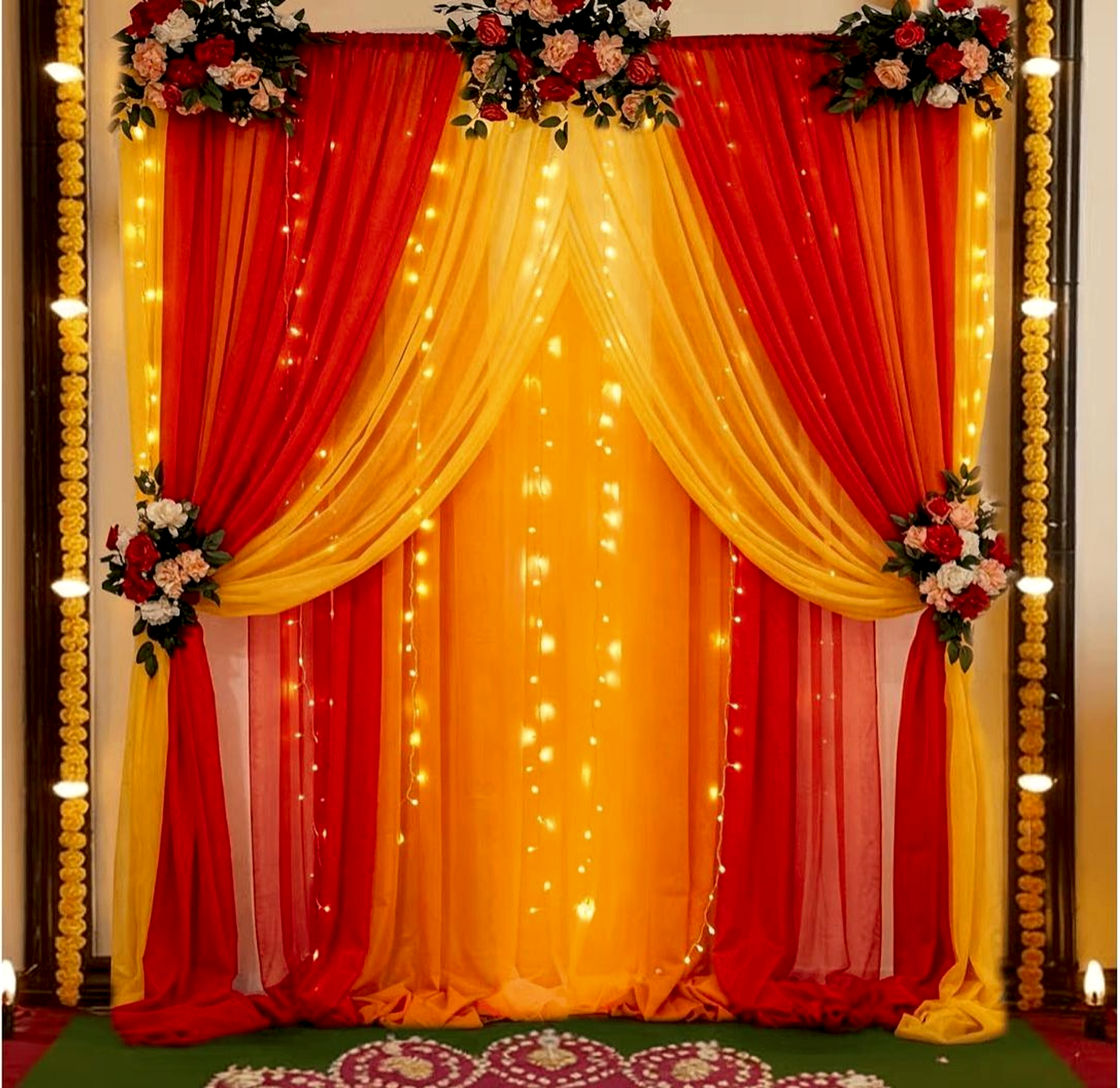 Traditional Red And Yellow Stage Decor With Curtains And Floral Arrangements - balloon and flower decoration by Happy Balloons thumbnail 2