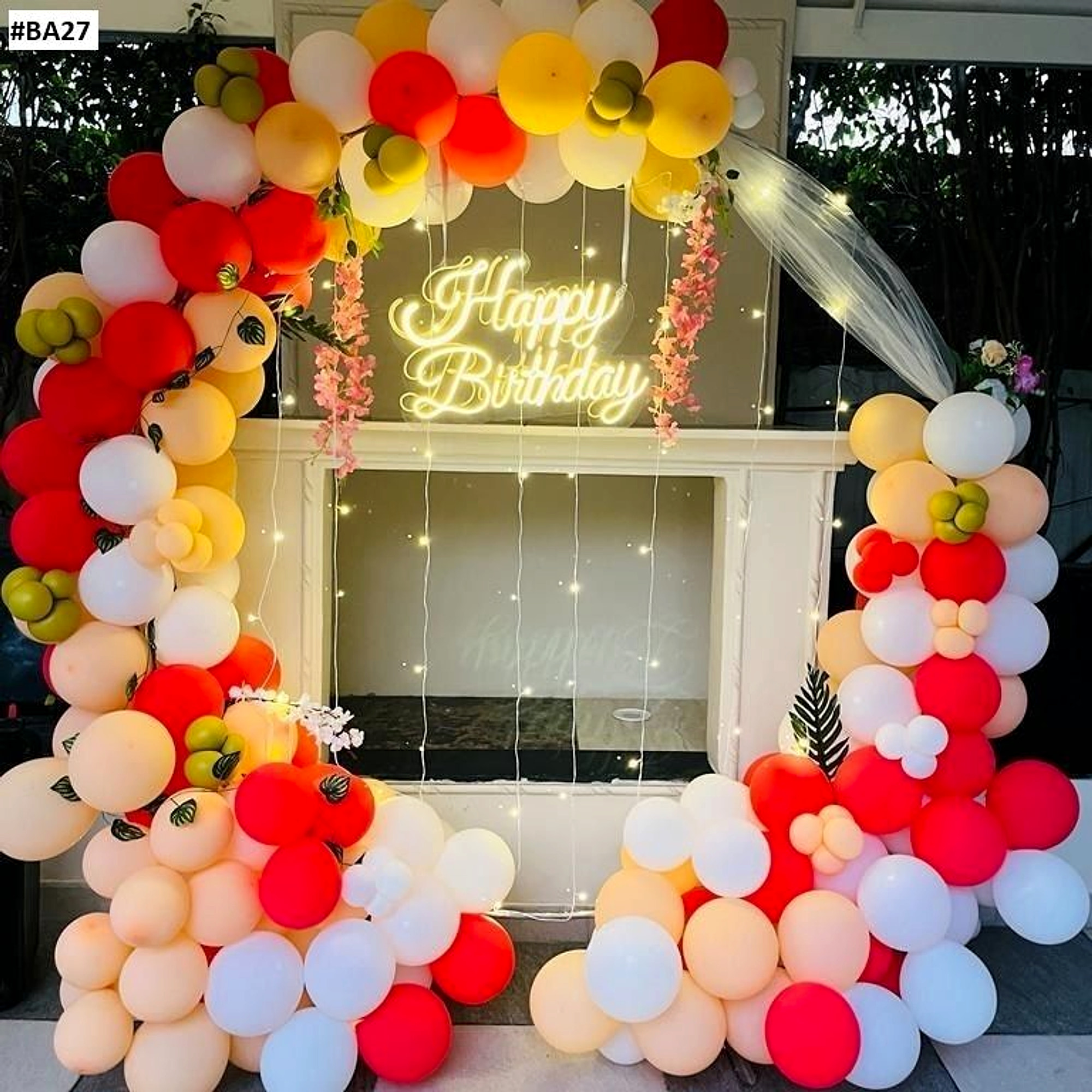 Modern Red and White Balloon Arch Birthday Backdrop with Neon Sign - birthday decoration by Happy Balloons