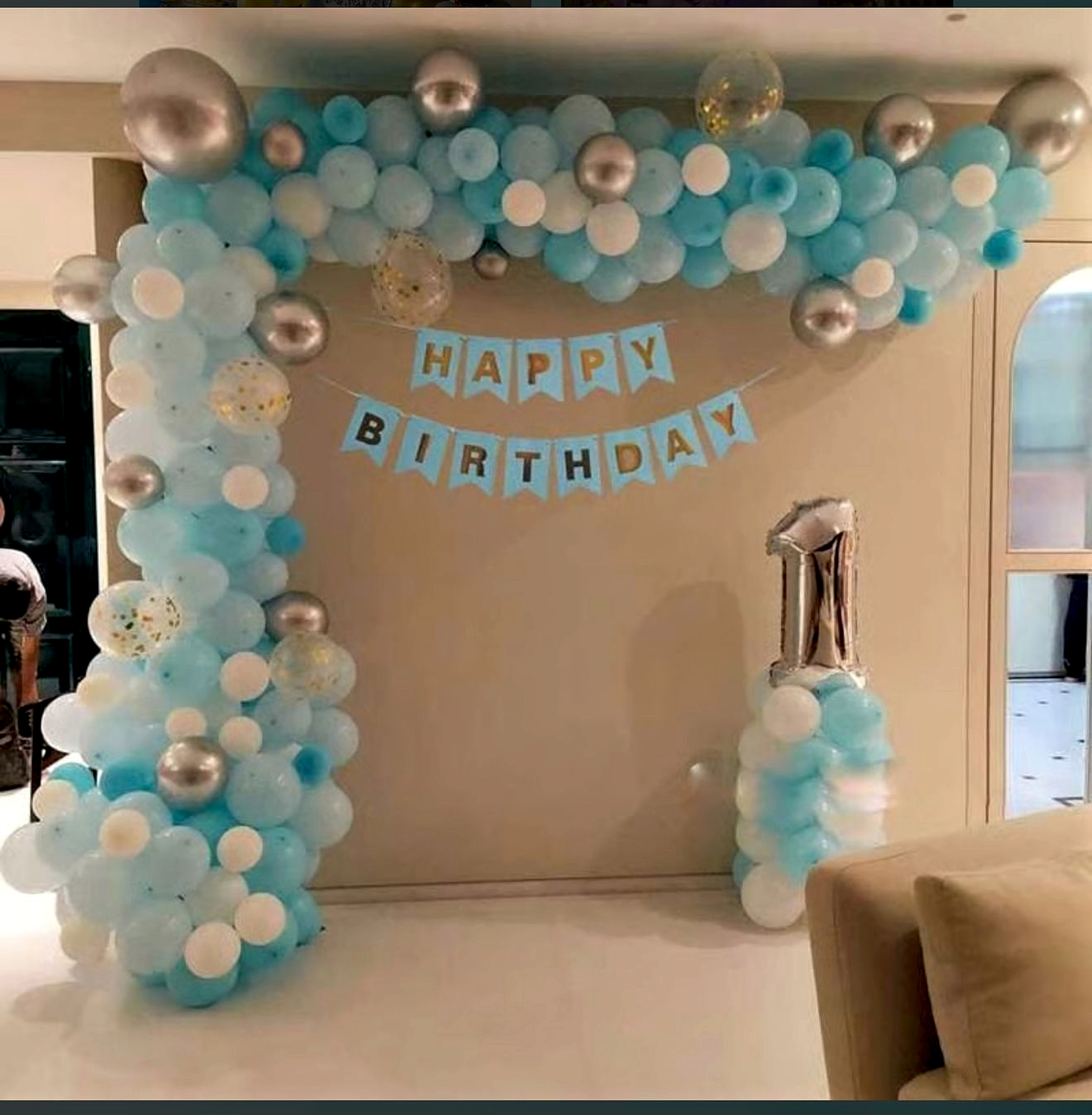 Blue And Silver Balloon Arch Kids Birthday Decoration With Number One Balloon - Kids Birthday Themes by Happy Balloons thumbnail 2