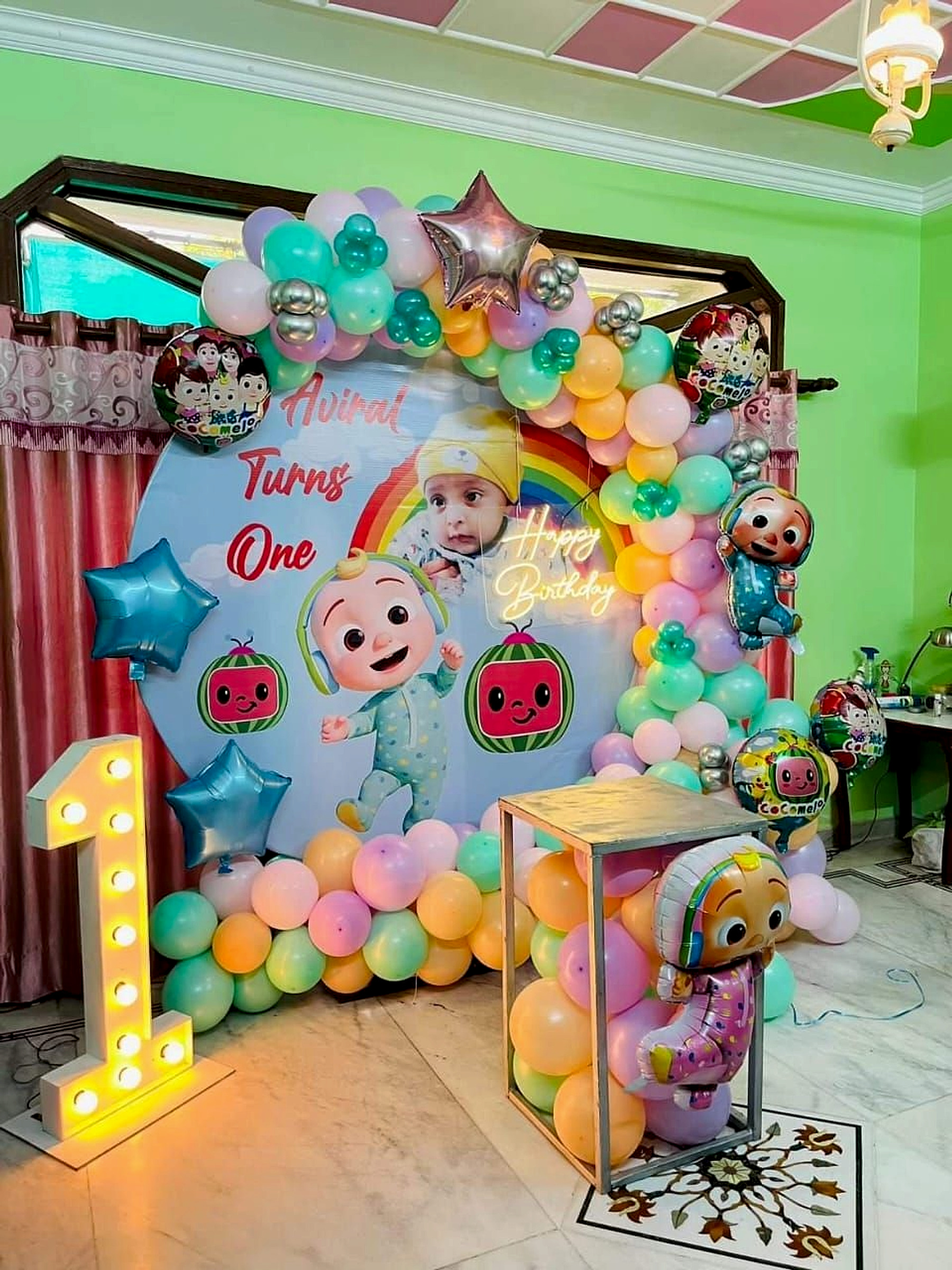 Kids Birthday Pastel Cocomelon Balloon Backdrop with LED Number and Cartoon Theme Decor thumbnail 2