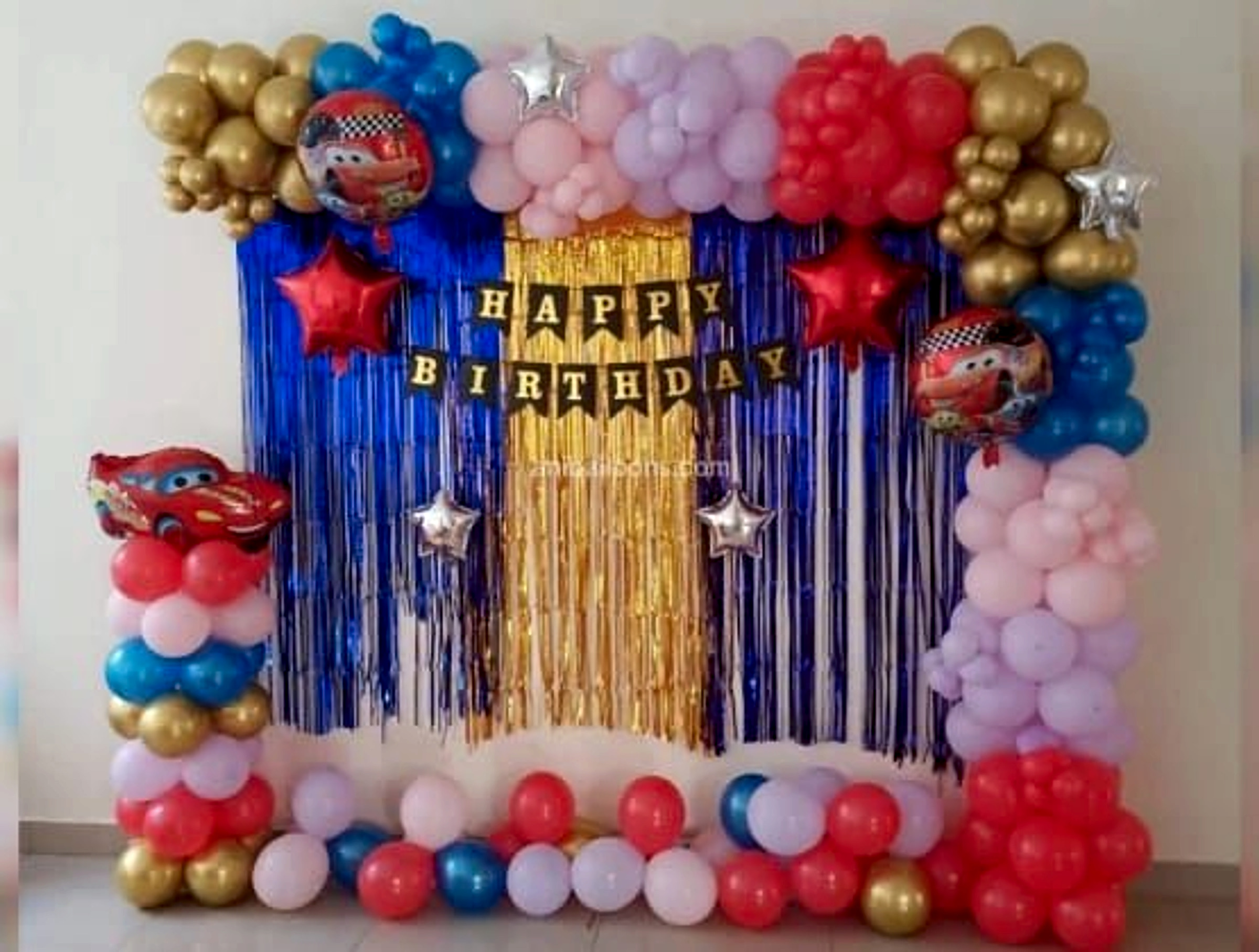 Kids Birthday Balloon Decor With Cars Theme In Red Blue And Gold Colors - Kids Birthday Themes by Happy Balloons thumbnail 2