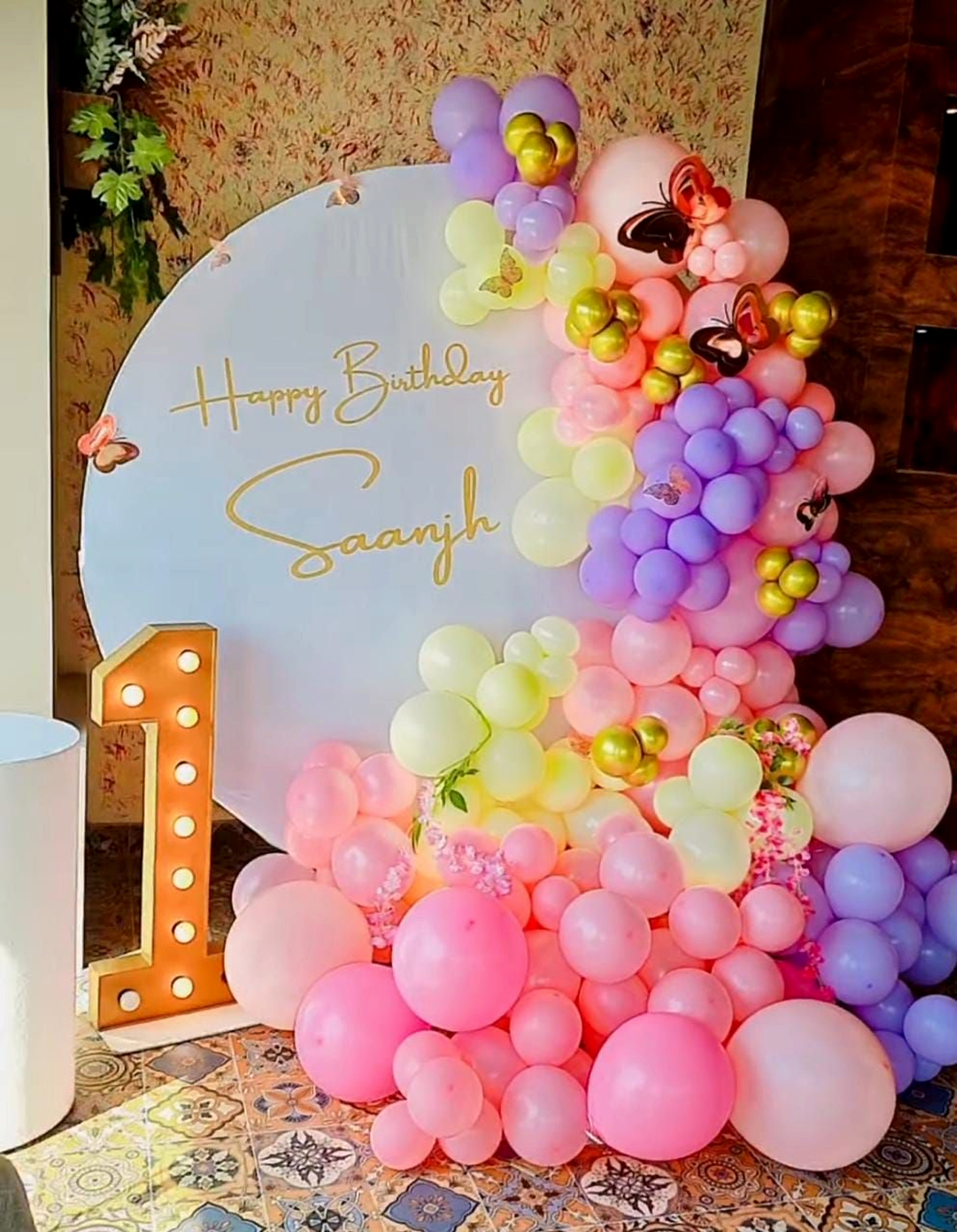 Pastel Pink and Purple Balloon Backdrop for Girl's 1st Birthday with Marquee Number thumbnail 2